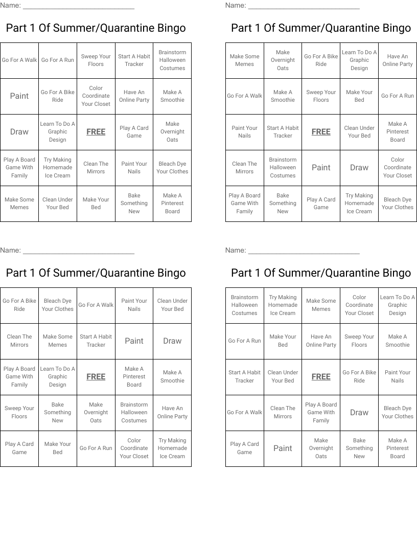 Part 1 Of Summer/Quarantine Bingo