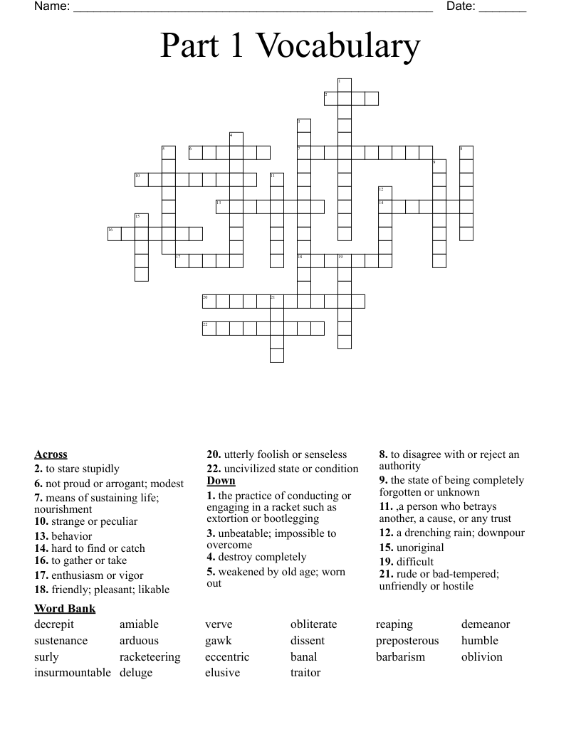 Part 1 Vocabulary Crossword