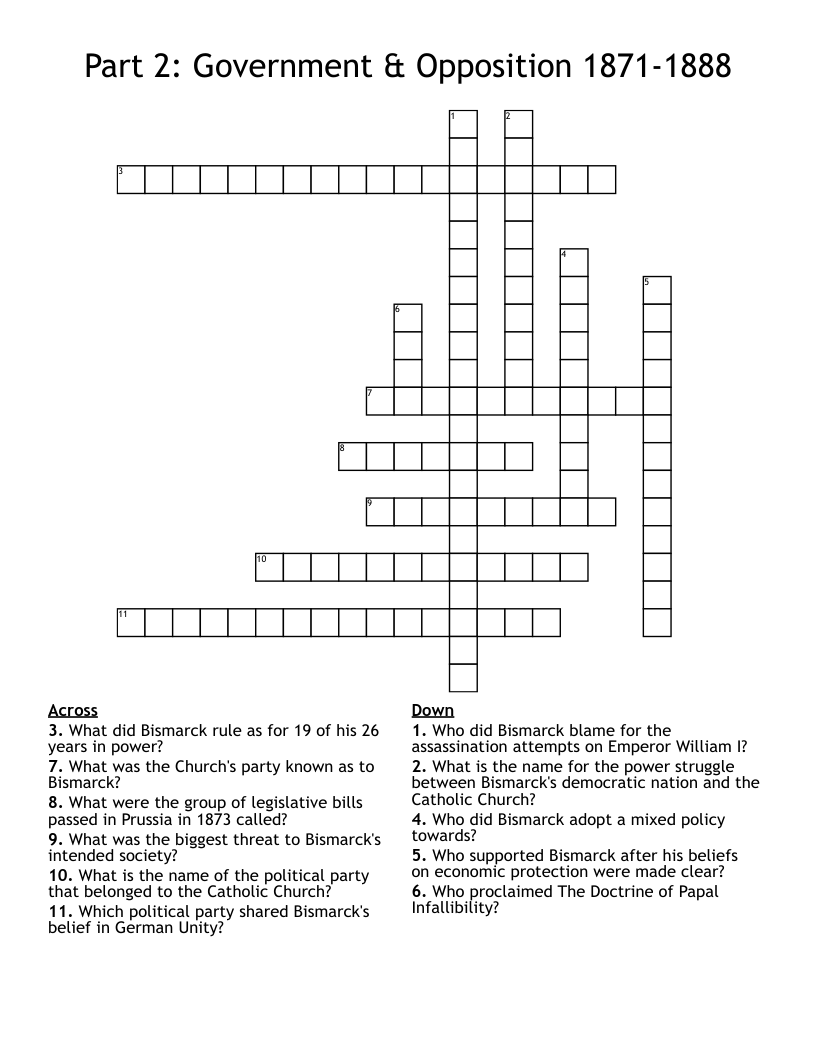 Part 2: Government & Opposition 1871-1888 Crossword