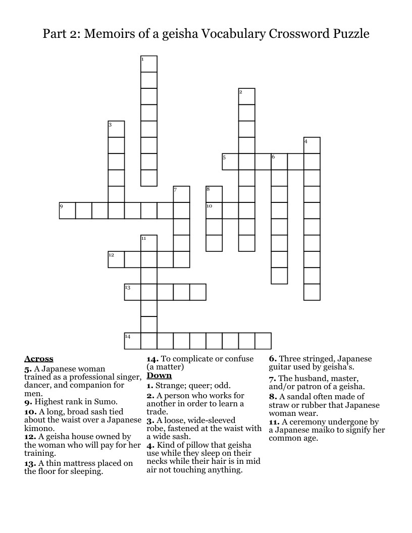 Part 2: Memoirs of a geisha Vocabulary Crossword Puzzle