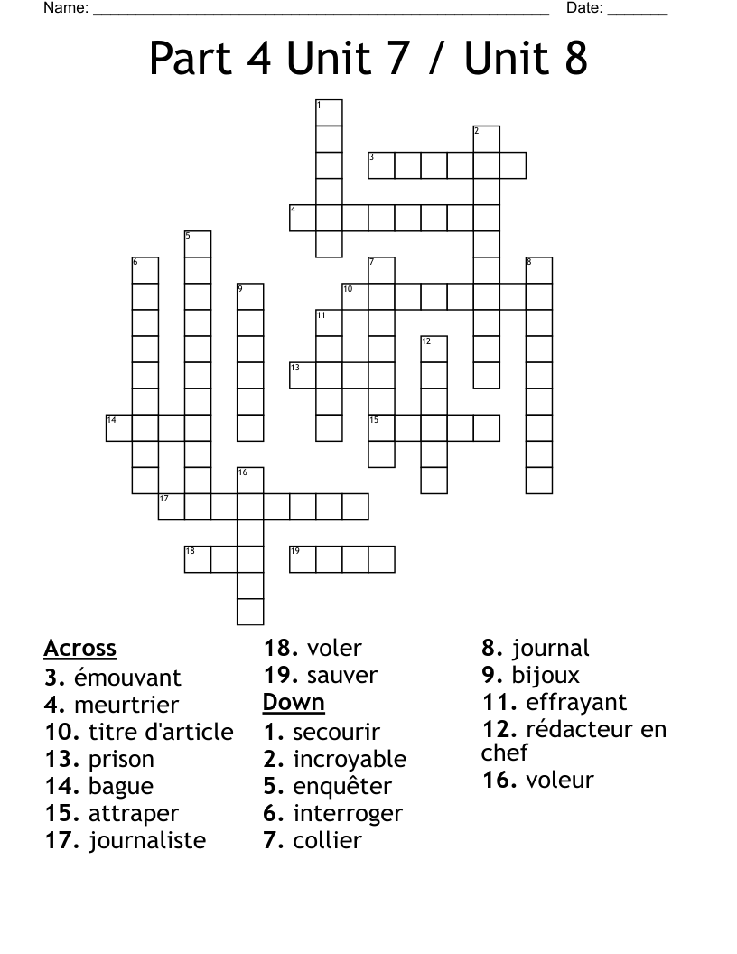 Part 4 Unit 7 / Unit 8 Crossword