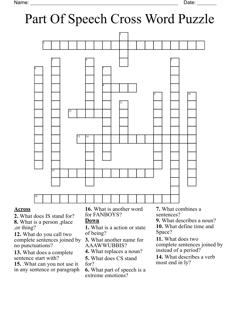 Part Of Speech Cross Word Puzzle