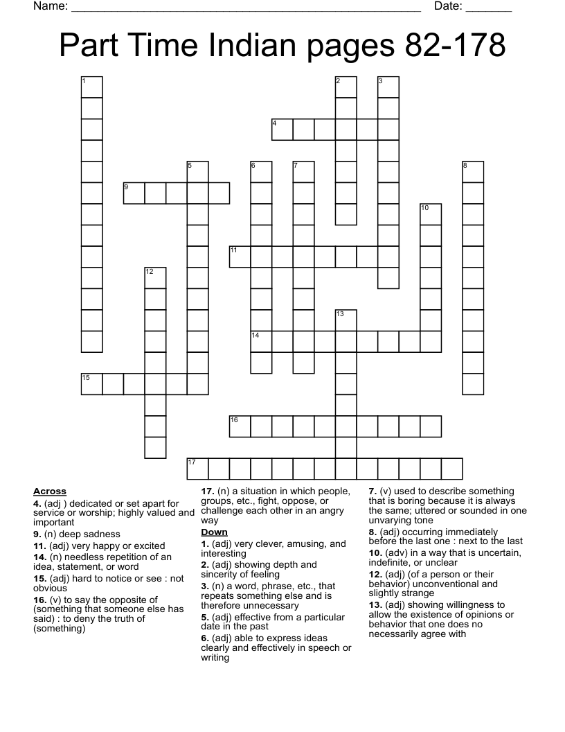 Part Time Indian pages 82-178 Crossword