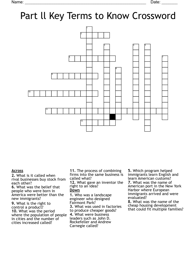 Part ll Key Terms to Know Crossword