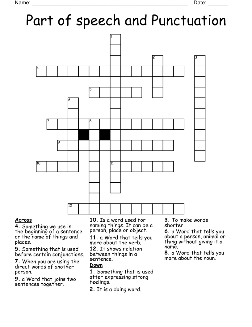 Part of speech and Punctuation Crossword