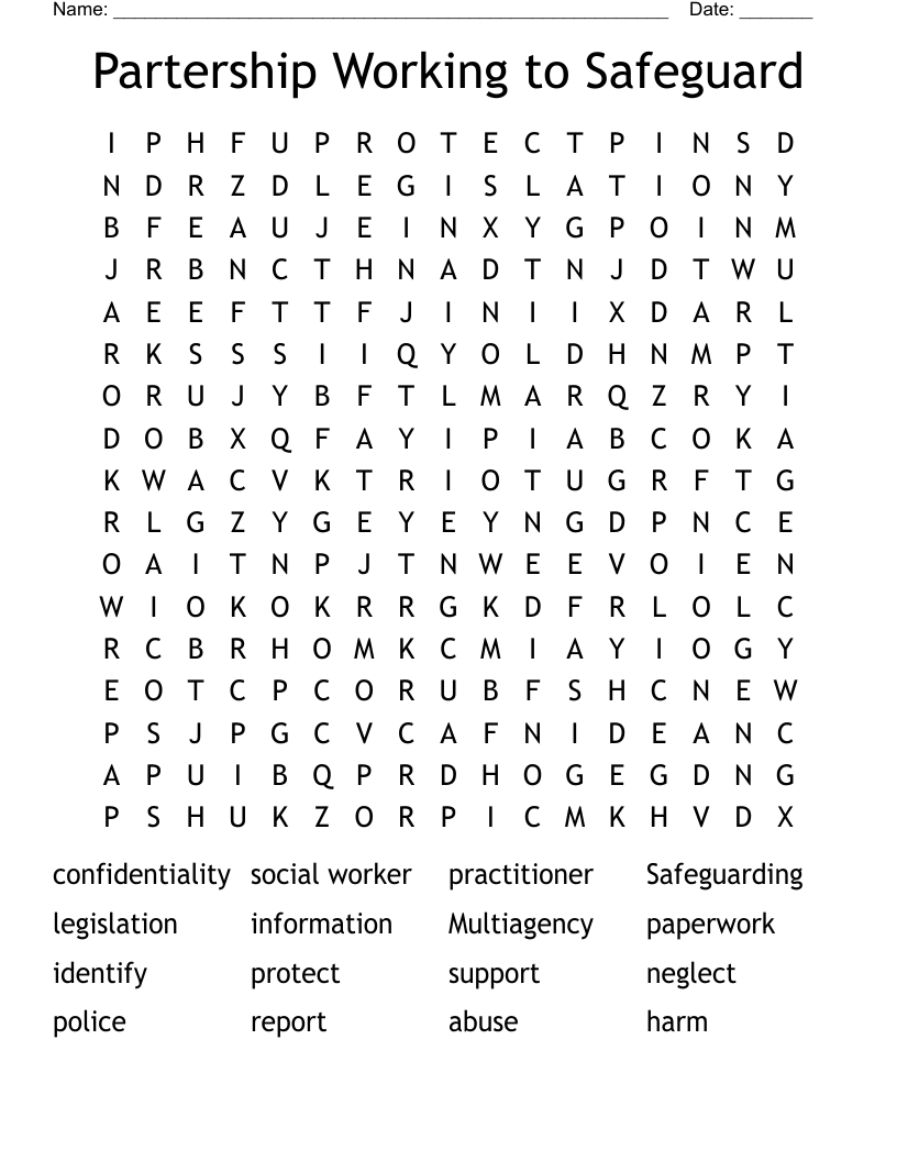 Partership Working to Safeguard Word Search