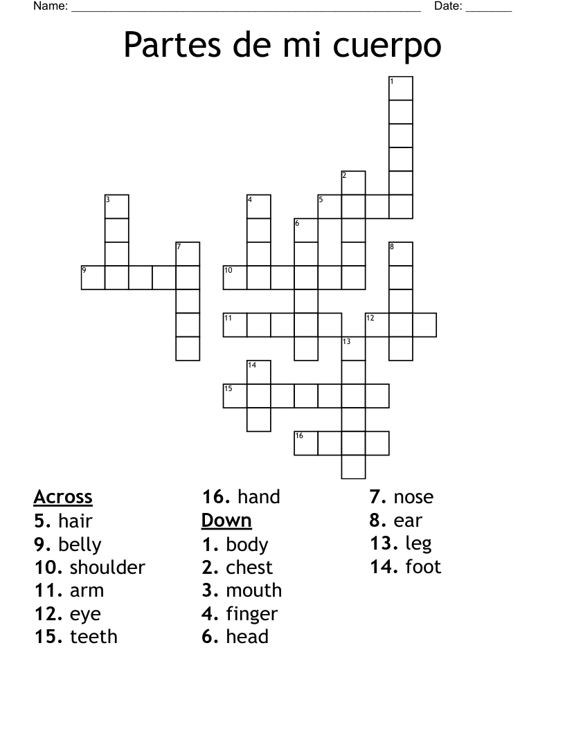 Partes de mi cuerpo Crossword