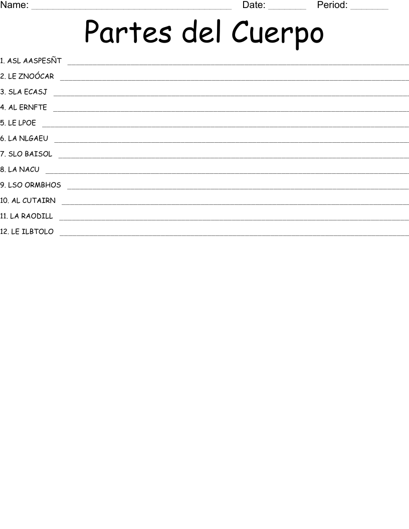 Partes del Cuerpo Word Scramble