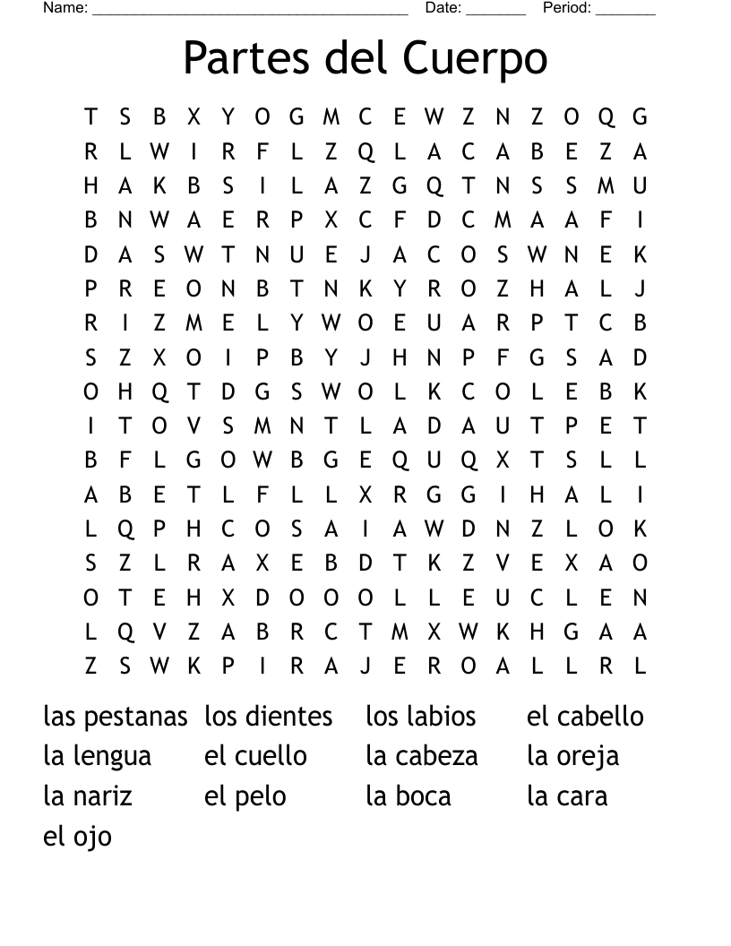 Partes del Cuerpo Word Search