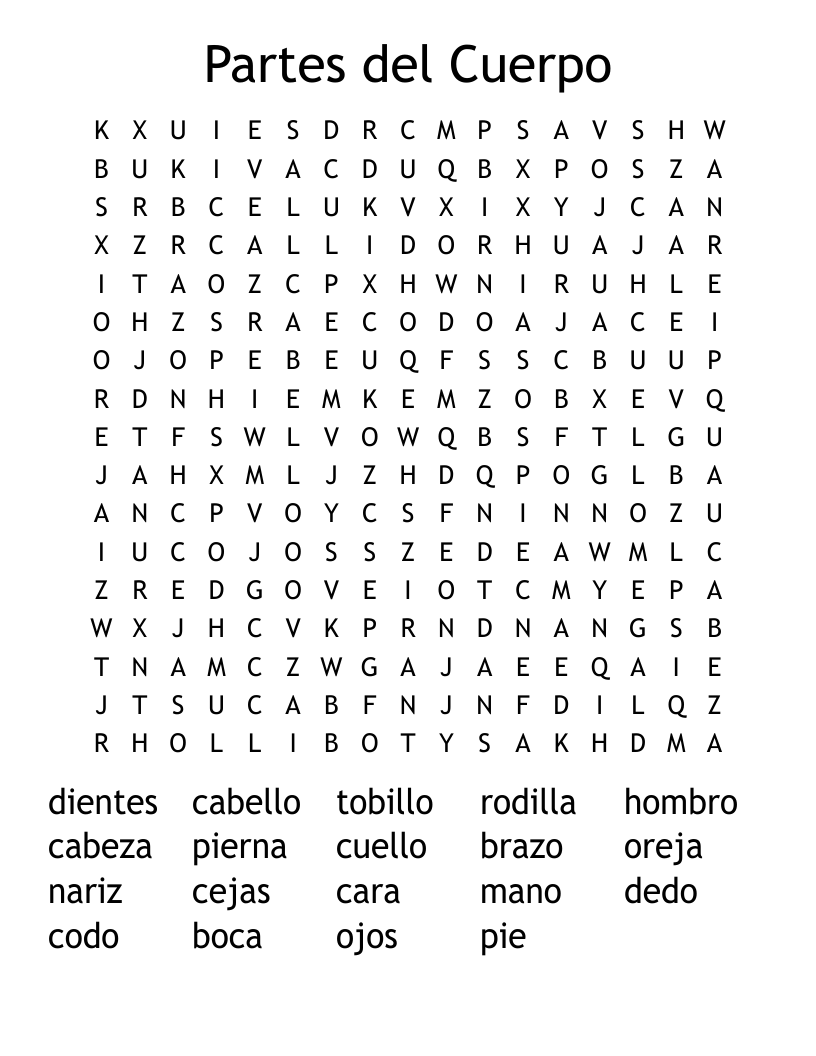 Partes del Cuerpo Word Search