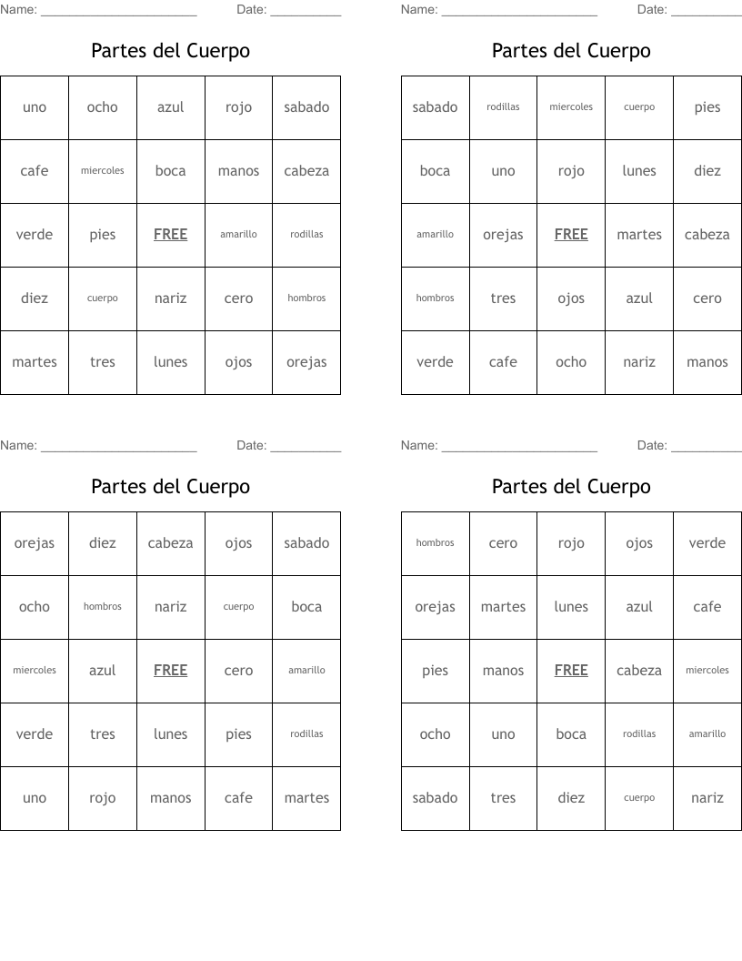 Partes del Cuerpo Bingo Cards