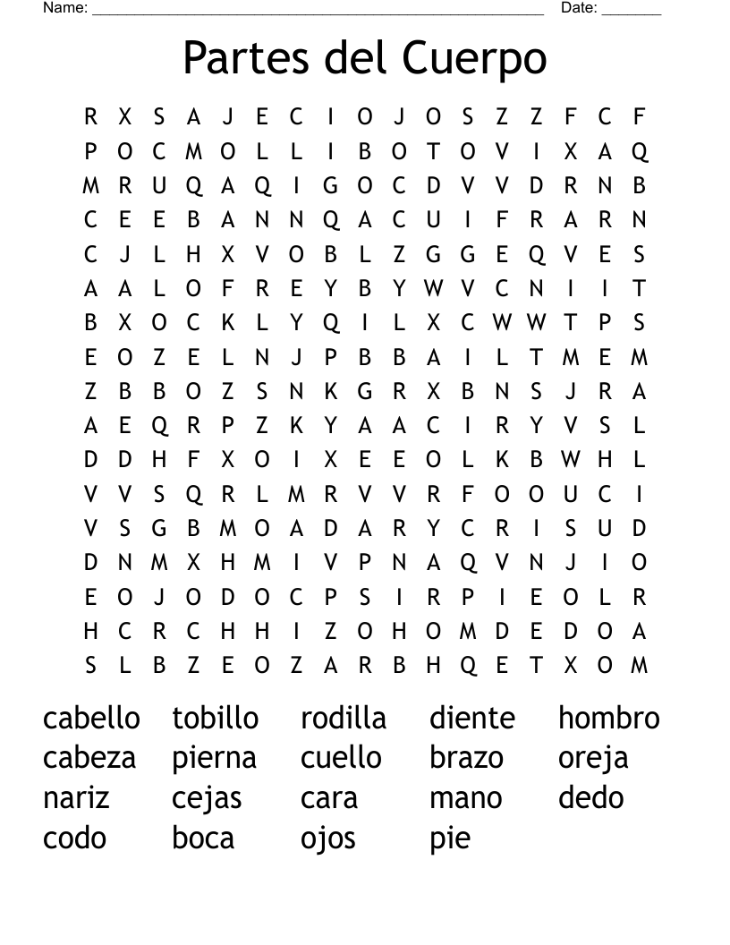 Partes del Cuerpo Word Search