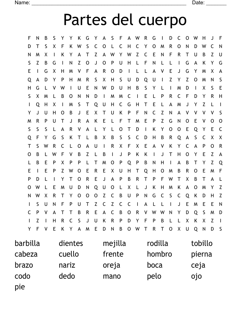 Partes del cuerpo Word Search