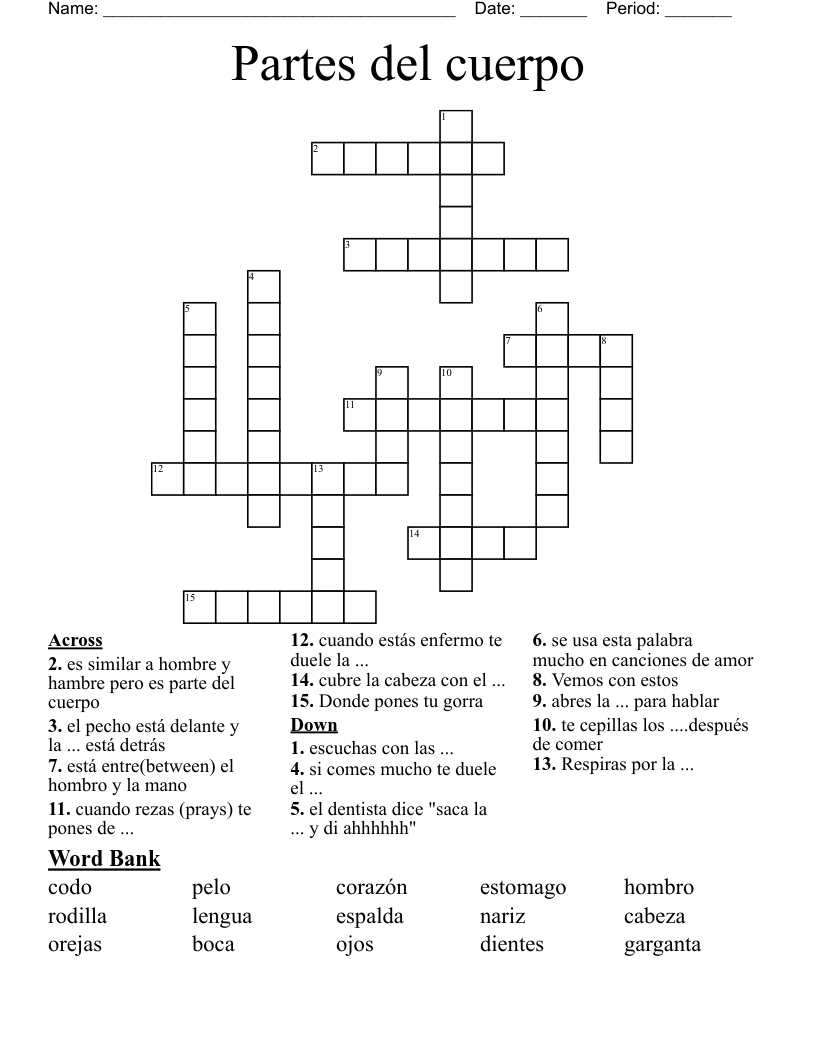 Partes del cuerpo Crossword