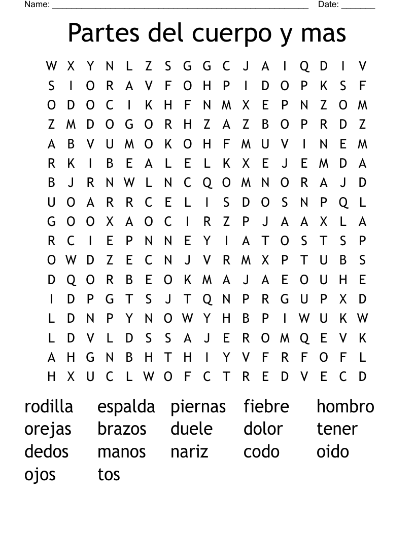 Partes del cuerpo y mas Word Search