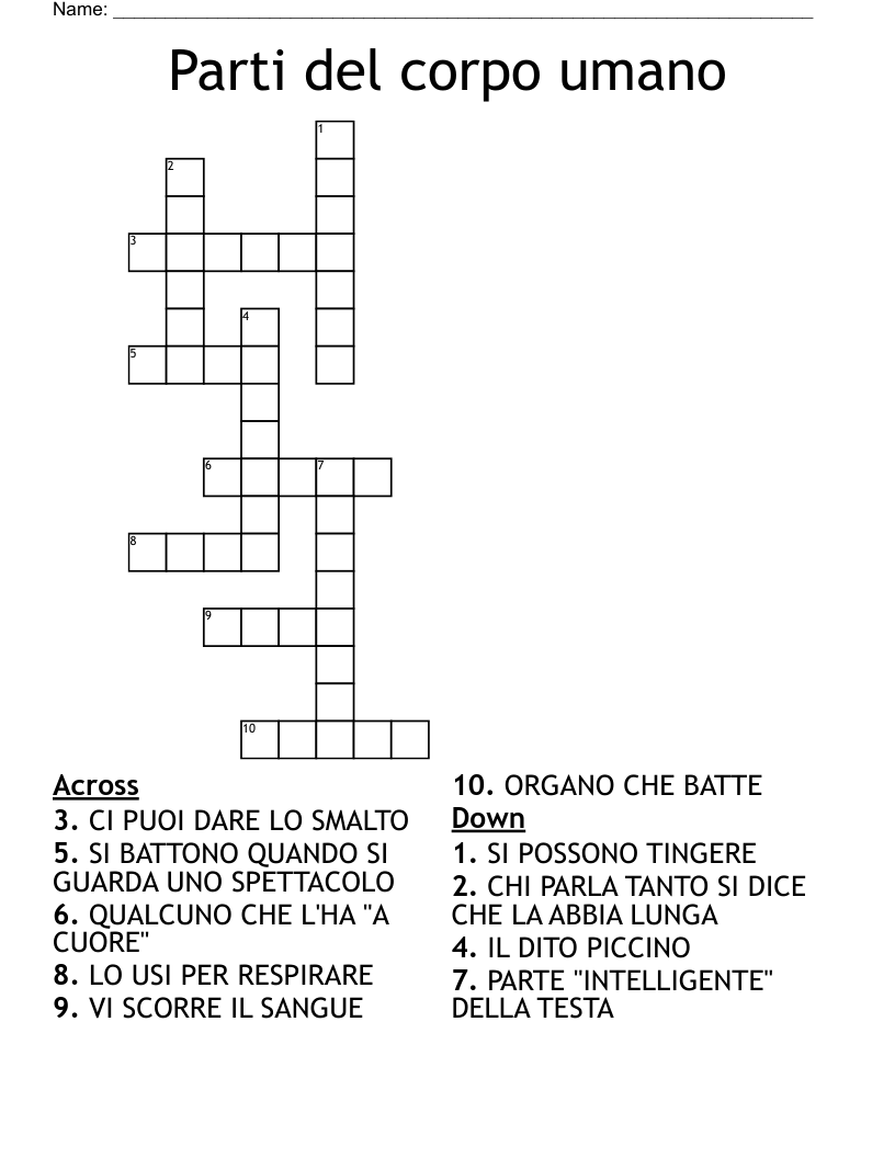 Parti del corpo umano Crossword