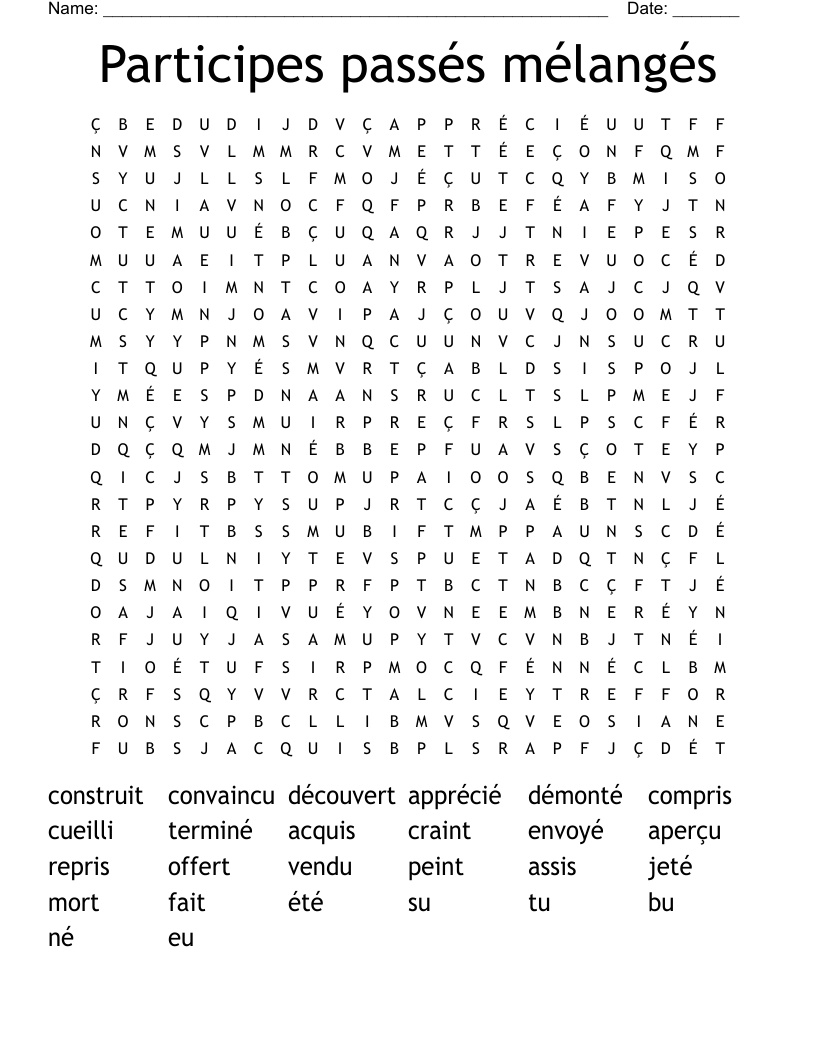 Participes passés mélangés Word Search