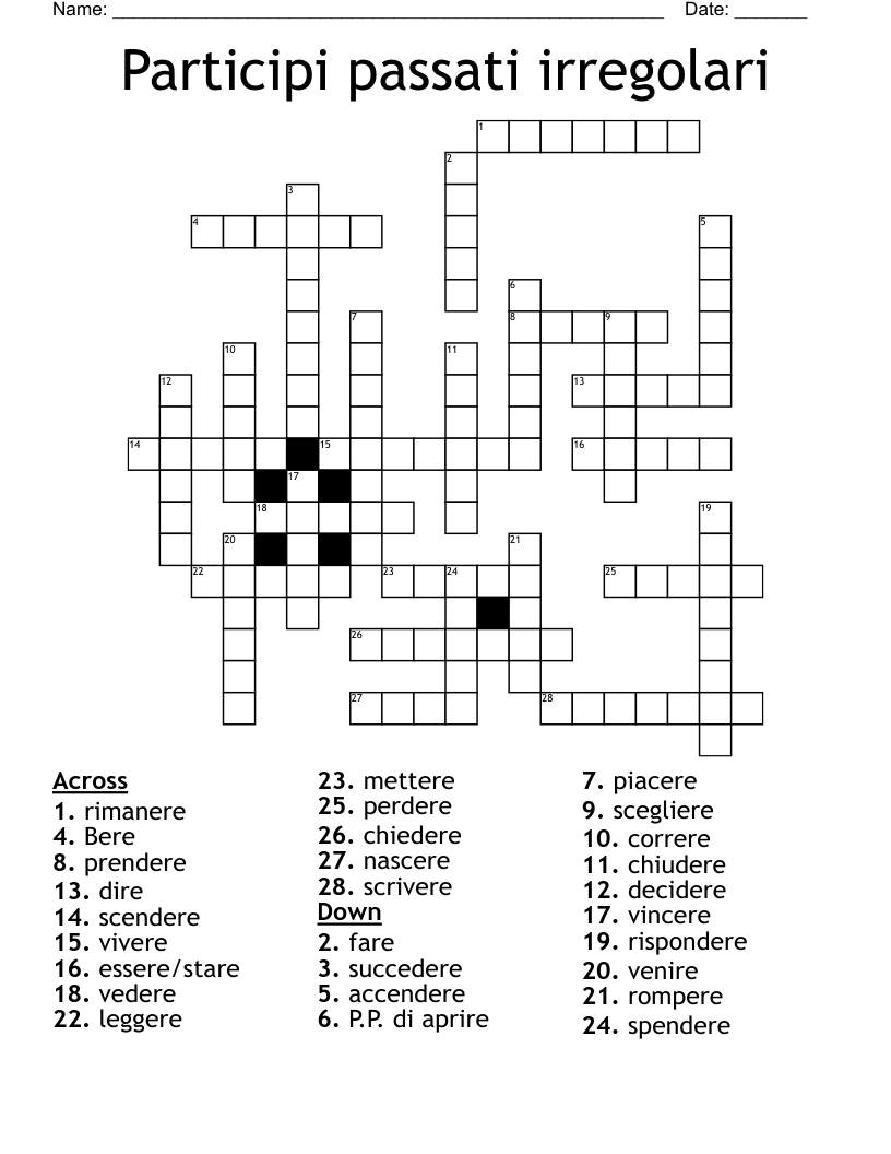 Participi passati irregolari Crossword