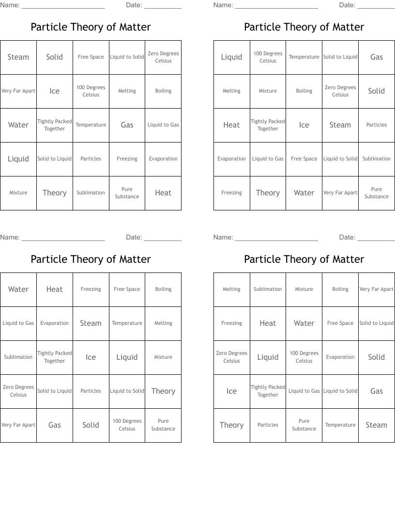 Particle Theory of Matter  Bingo Cards