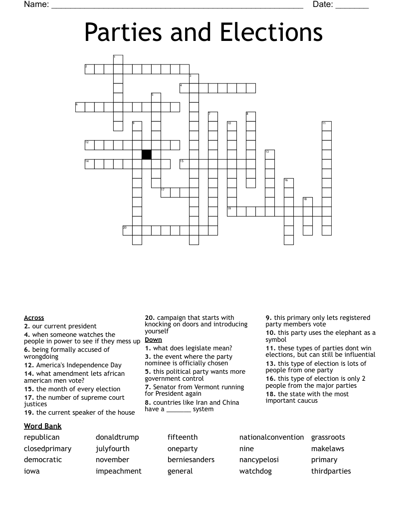 Parties and Elections Crossword
