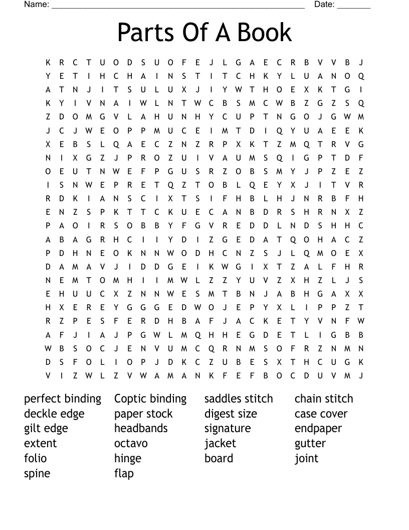 Parts Of A Book Word Search