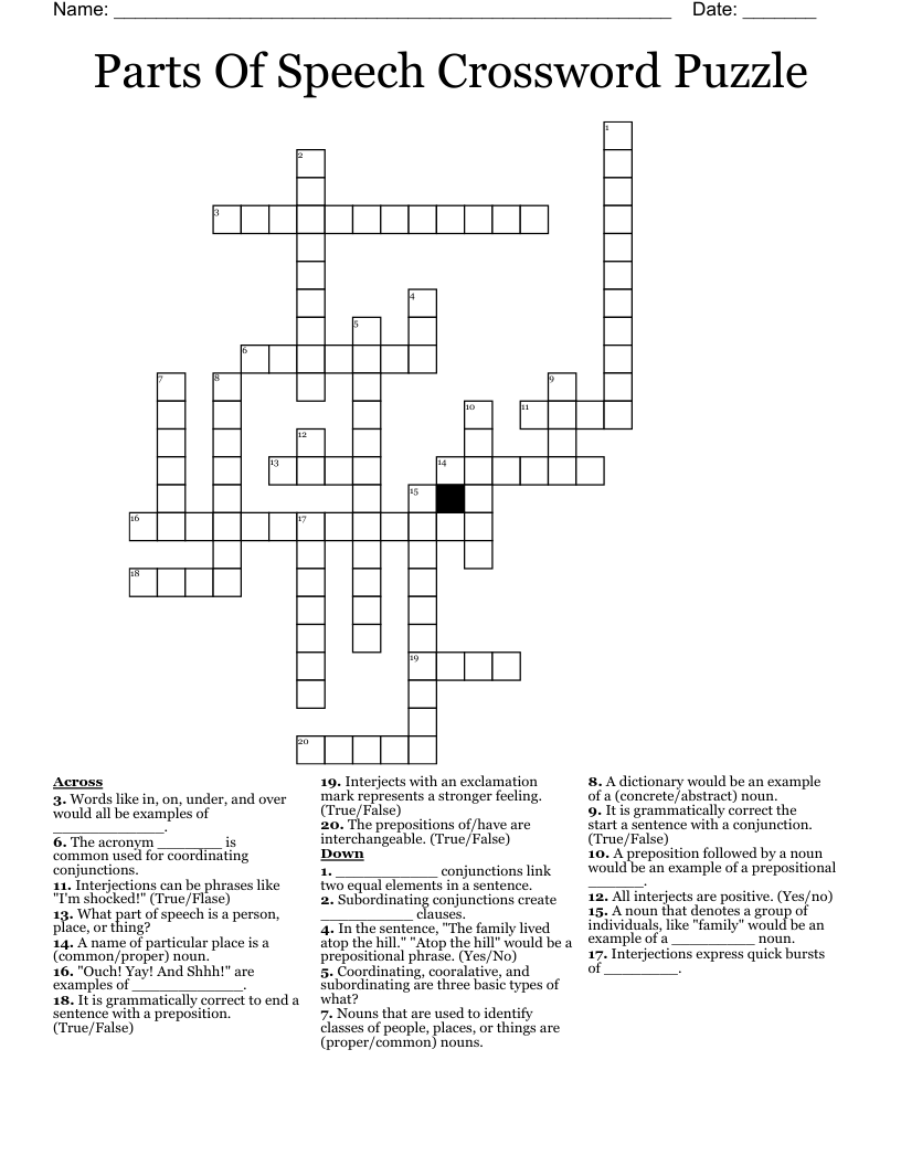Parts Of Speech Crossword Puzzle