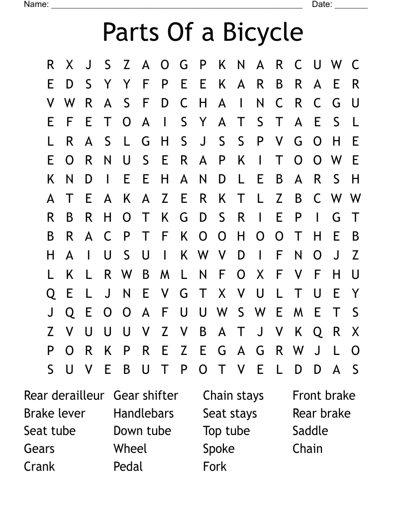 Parts Of a Bicycle Word Search
