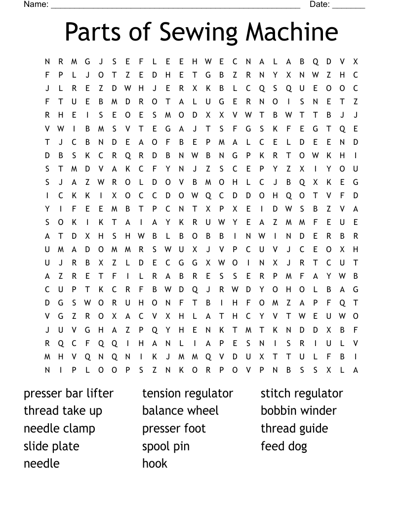 Parts of Sewing Machine Word Search