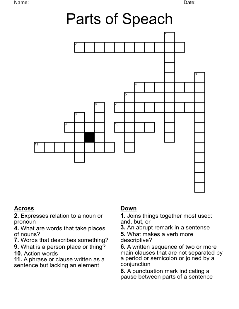 Parts of Speach Crossword