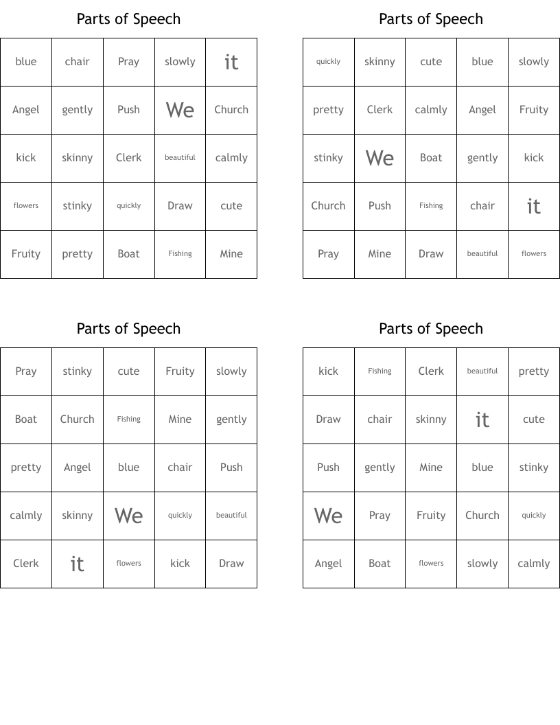Parts of Speech Bingo Cards