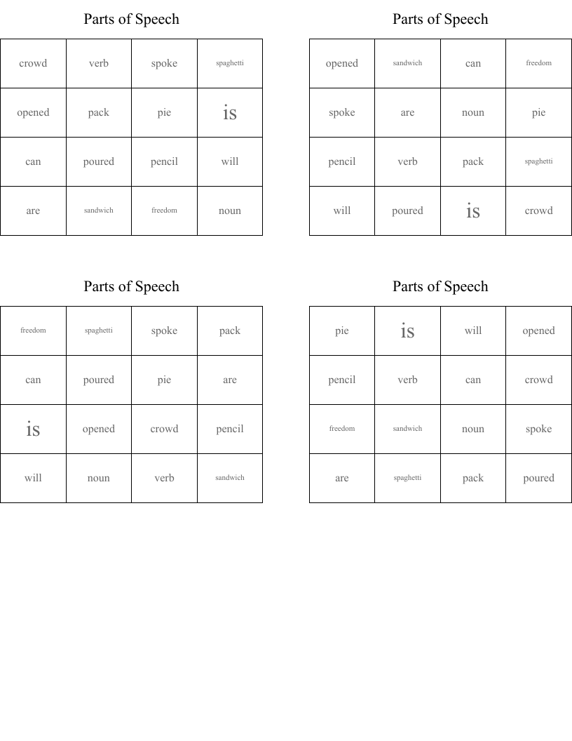 Parts of Speech Bingo Cards