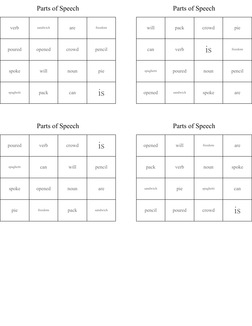 Parts of Speech Bingo Cards