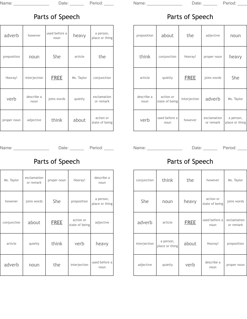 Parts of Speech Bingo Cards