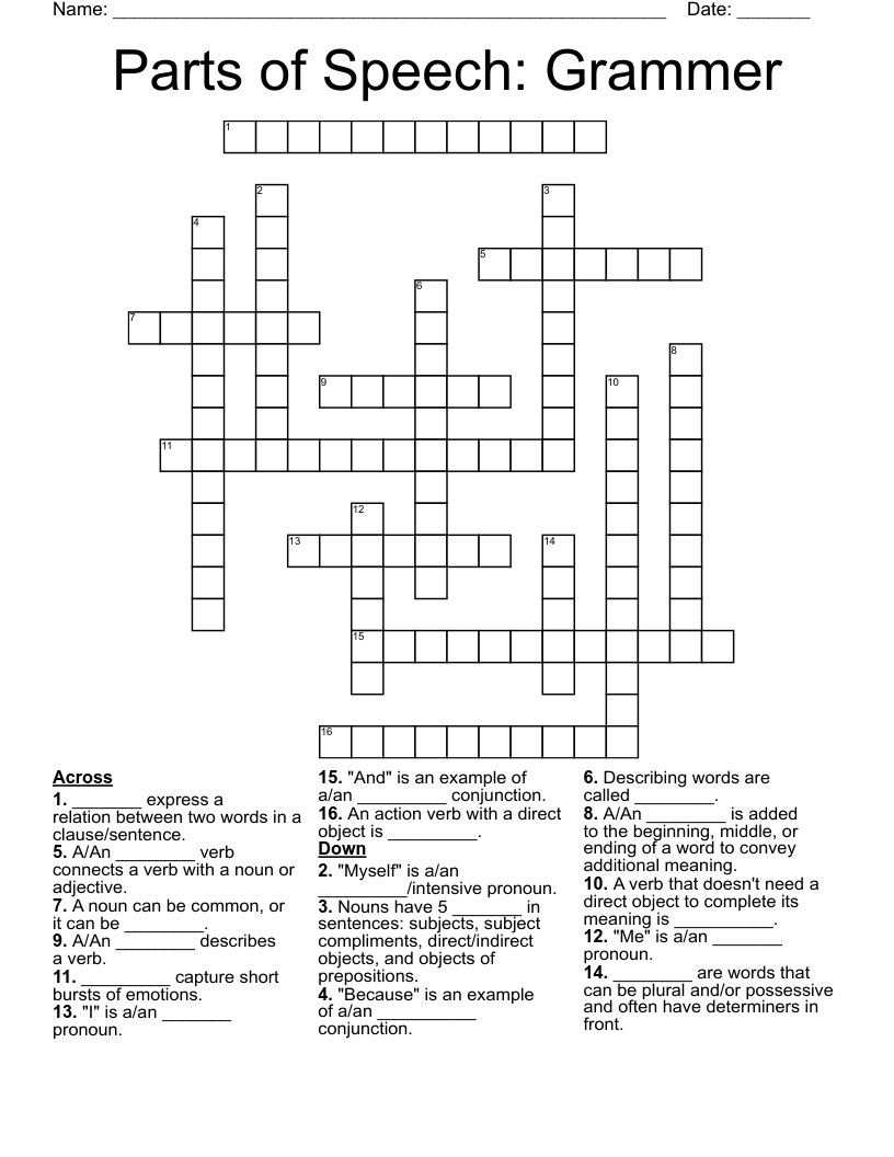 Parts of Speech: Grammer Crossword