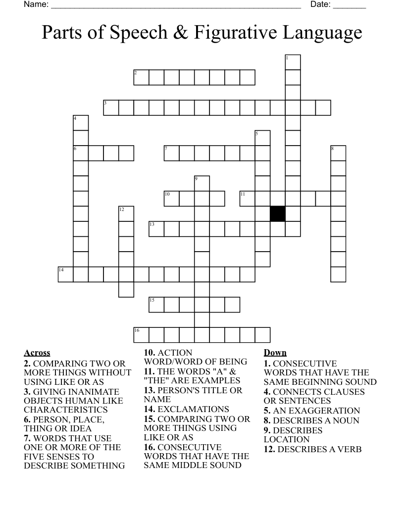 Parts of Speech & Figurative Language Crossword