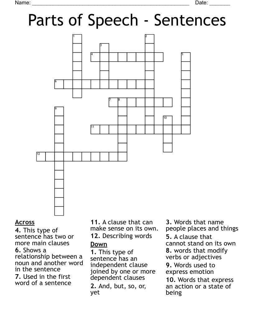 Parts of Speech - Sentences Crossword