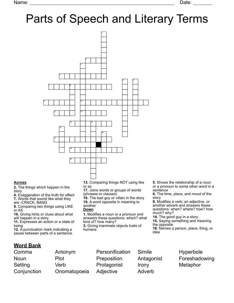 Parts of Speech and Literary Terms  Crossword