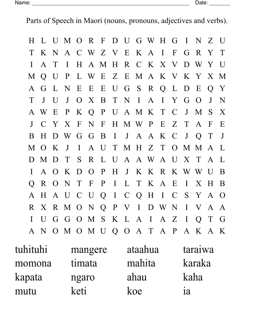 Parts of Speech in Maori (nouns, pronouns, adjectives and verbs). Word Search