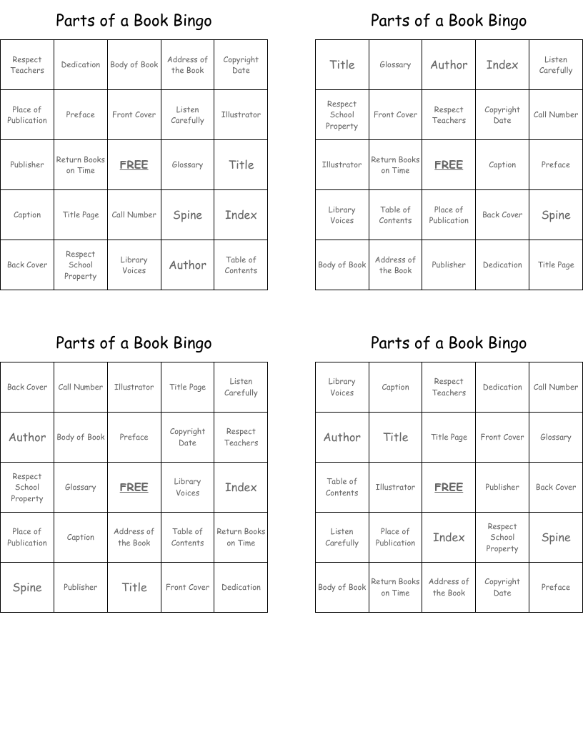 Parts of a Book Bingo