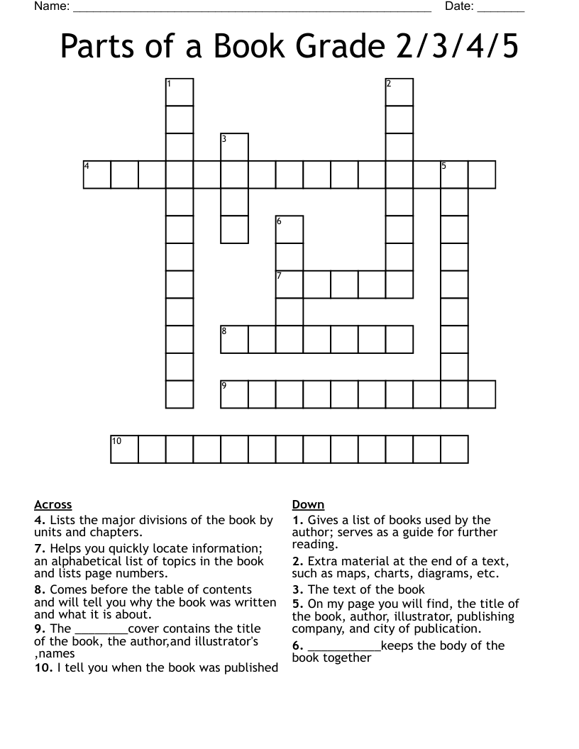 Parts of a Book Grade 2/3/4/5 Crossword