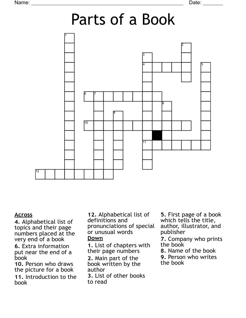 Parts of a Book  Crossword