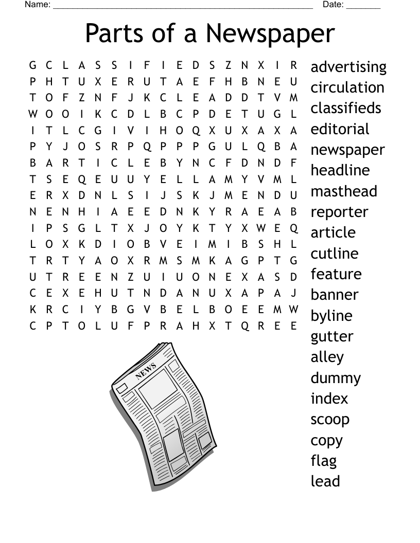 Parts of a Newspaper Word Search