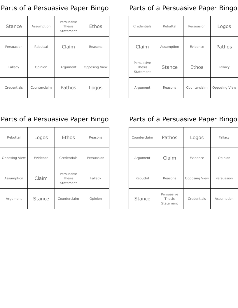 Parts of a Persuasive Paper Bingo
