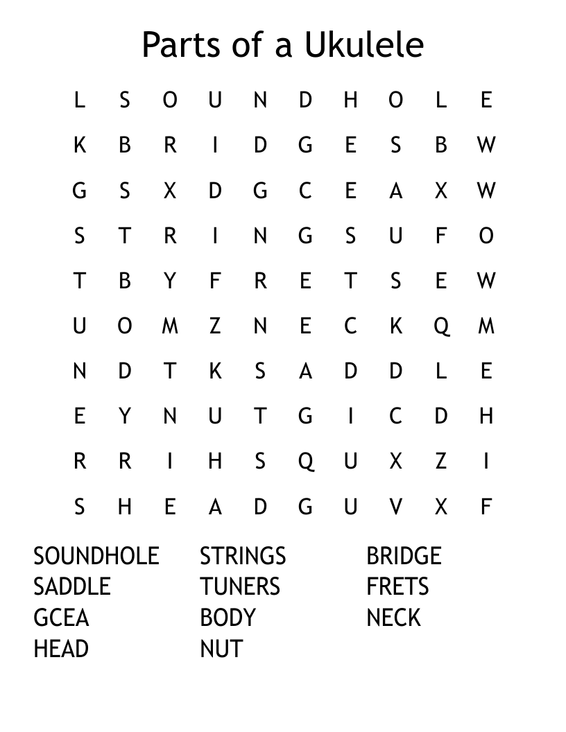 Parts of a Ukulele Word Search