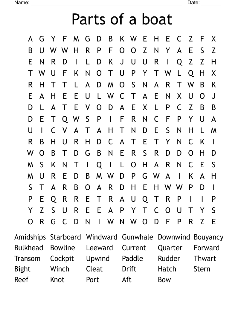 Parts of a boat Word Search