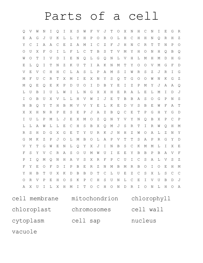 Parts of a cell Word Search