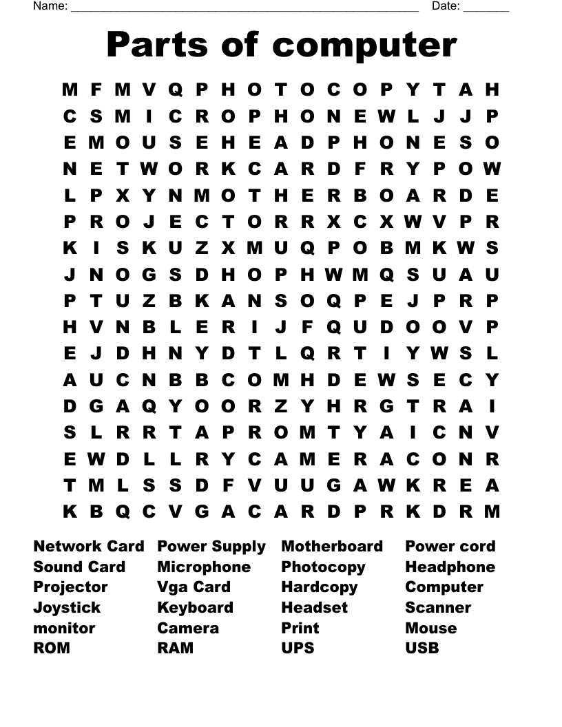 Parts of computer Word Search