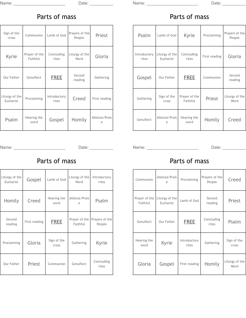 Parts of mass Bingo Cards