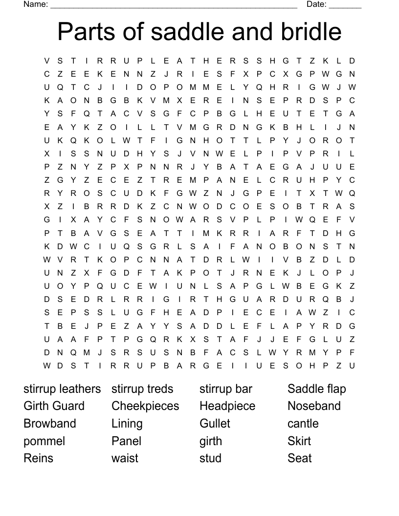 Parts of saddle and bridle Word Search