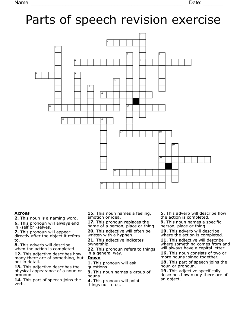 Parts of speech revision exercise Crossword